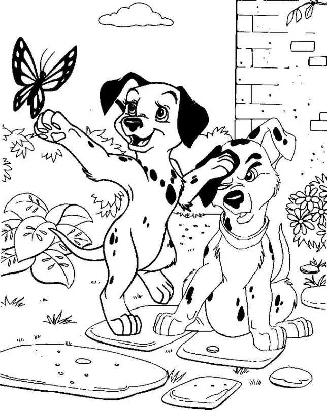 Filhotes Dálmatas Brincando no Jardim: Desenho para Colorir. Dálmatas se divertem com borboleta e flores. Ideal para atividades criativas.