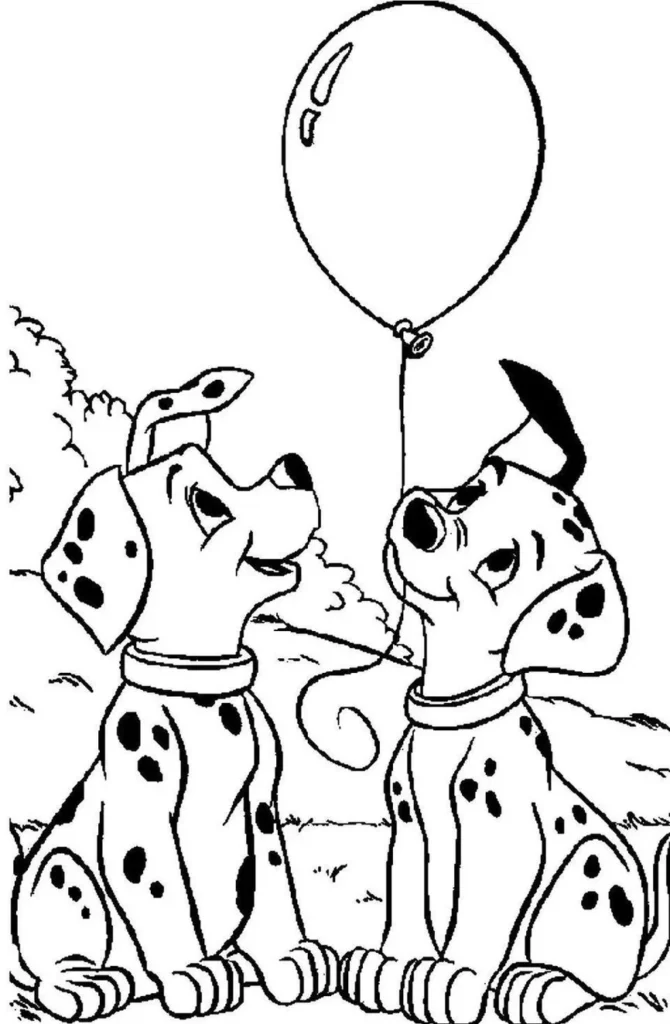 101 Dálmatas para colorir: filhotes com balão em atividade criativa. Desenho para crianças com cachorros adoráveis brincando.