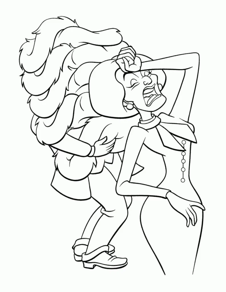 Cruela de Vil exasperada em desenho dos 101 Dálmatas para colorir. Imagem clássica para estimular a criatividade.