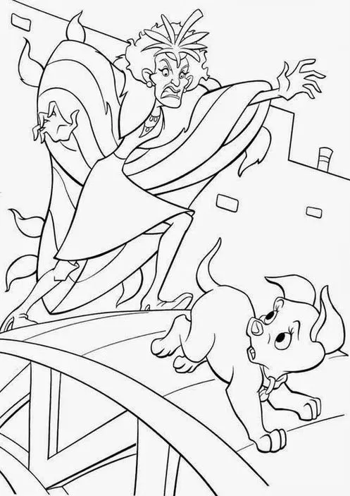 Cruela de Vil irritada: desenho dos 101 Dálmatas para pintar. Atividade artística com a vilã e um filhote assustado.