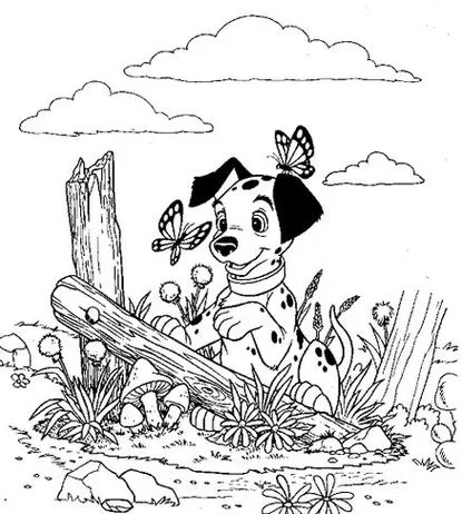 Dálmata filhote em desenho campestre para colorir com borboletas e elementos da natureza. Estimule a arte e criatividade pintando este cenário.
