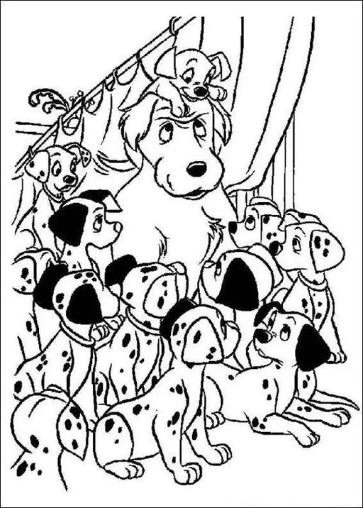 Desenho da família Dálmata dos 101 Dálmatas para colorir. Cachorros dálmatas em atividade criativa para crianças.