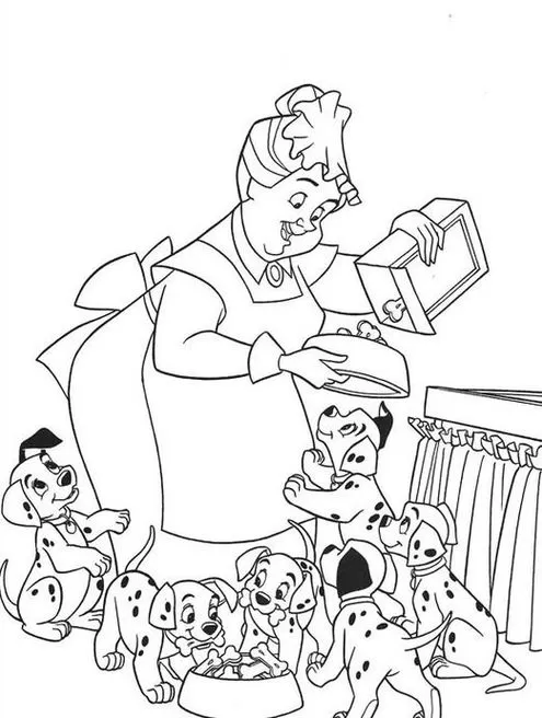 101 Dálmatas para colorir: Cena da hora da ração com os filhotes ansiosos. Desenho para atividade criativa com os dálmatas mais queridos.
