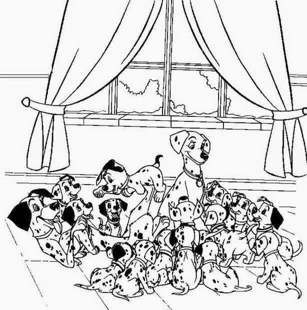 Desenhos dos 101 Dálmatas para colorir: filhotes reunidos com dálmata adulta em cena interna detalhada e animada, ideal para atividades criativas.