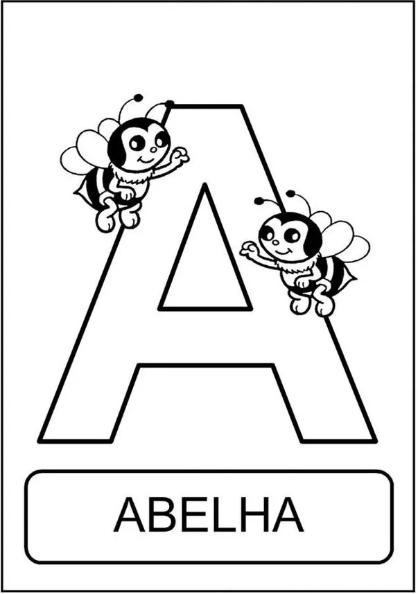 Abelha e a Letra A: Aprendendo o Alfabeto com Animais Divertidos. Desenho animado colorido com abelhas em volta da letra A para o aprendizado lúdico do alfabeto.