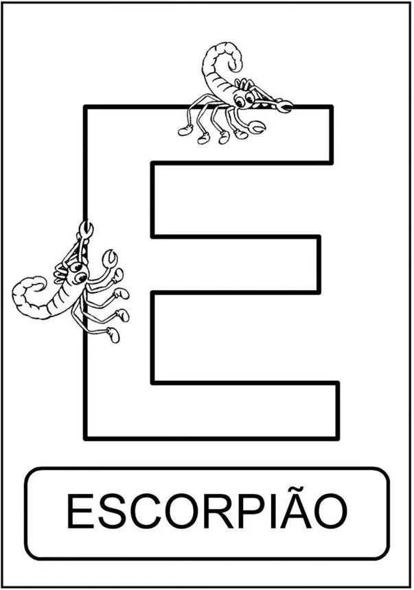 Escorpião letra E: Design criativo unindo alfabeto e animais. Imagem conceitual com escorpiões e a letra E para representar a palavra 'Escorpião'.
