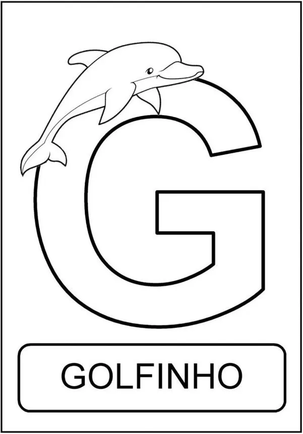 Golfinho na letra G: Aprendendo o alfabeto com animais marinhos. Arte com a palavra GOLFINHO em destaque.