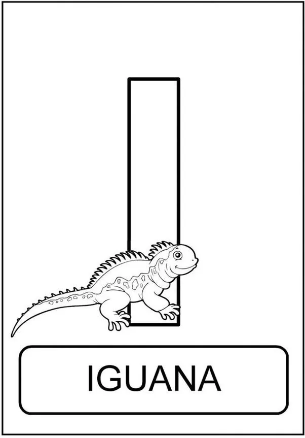 Iguana colorida formando a letra 'I' do alfabeto animal. Aprenda o alfabeto de forma divertida com esta iguana vibrante e detalhada.