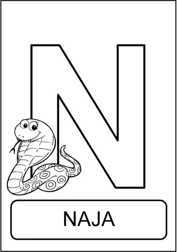 Naja estilizada representando a letra N do alfabeto animal. Desenho vibrante para aprendizado infantil com foco na palavra 'NAJA'.