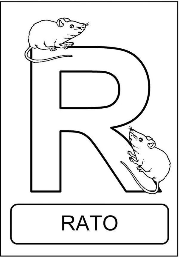 Letra R de Rato: Alfabeto divertido com tema animal e ratinhos, ideal para colorir e aprender o alfabeto.