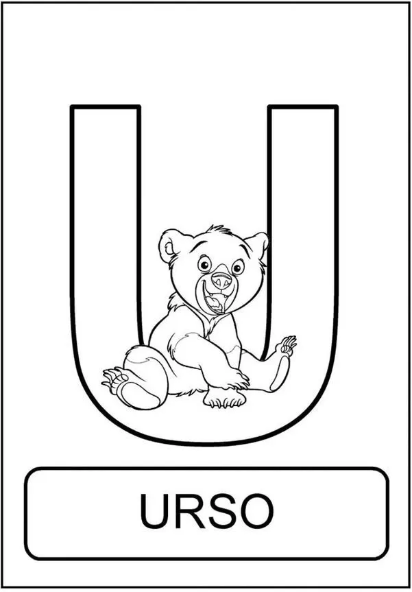 Urso na letra U do alfabeto animal. Divertido para aprender o alfabeto com bichinhos! Material lúdico para crianças.