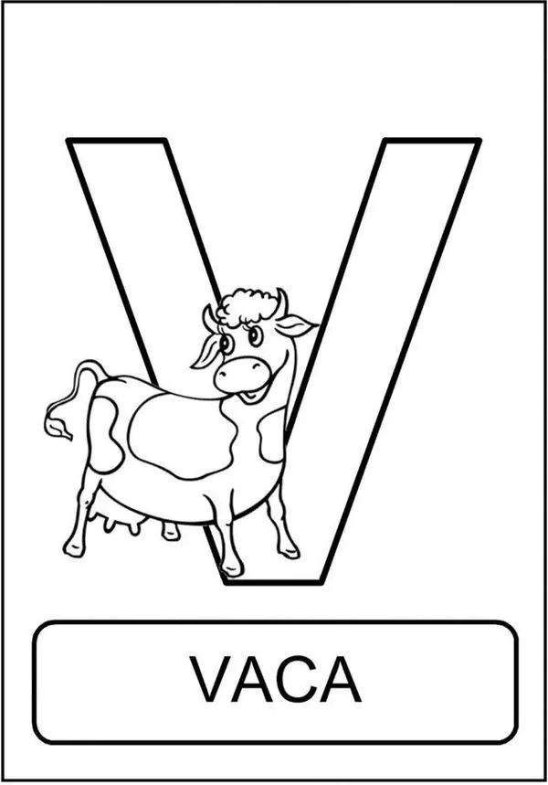 Vaca criativa em forma de 'V' para aprendizado do alfabeto. Design divertido com animal e letra.