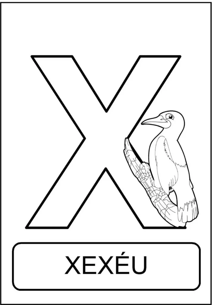 Xexéu e a letra X: Aprenda o alfabeto com os animais! Imagem de um xexéu ao lado da letra X, uma forma divertida de descobrir a fauna brasileira.