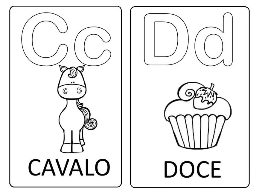 Aprendendo o alfabeto: Letras Cc (cavalo) e Dd (doce) para crianças. Fichas ilustrativas para alfabetização.
