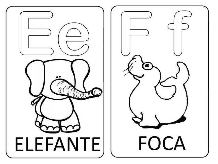 Letras Ee e Ff do alfabeto com imagens de elefante e foca para aprendizado visual.