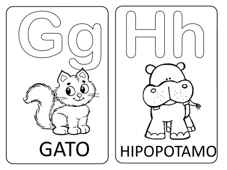 Cartões de aprendizado: letras Gg de Gato e Hh de Hipopótamo. Recurso para alfabetização e identificação das letras do alfabeto.