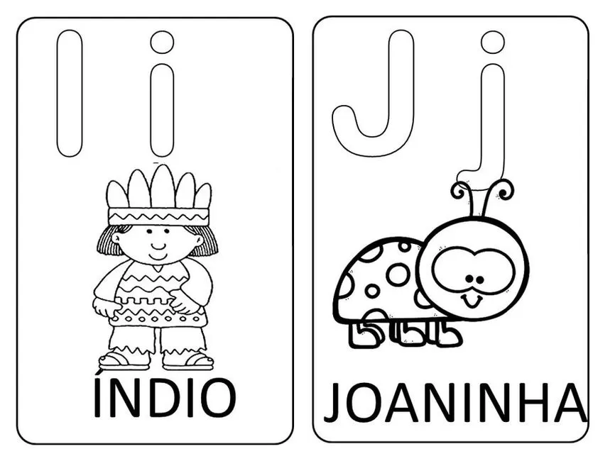 Alfabeto divertido: Letras Ii de Índio e Jj de Joaninha para aprender brincando.