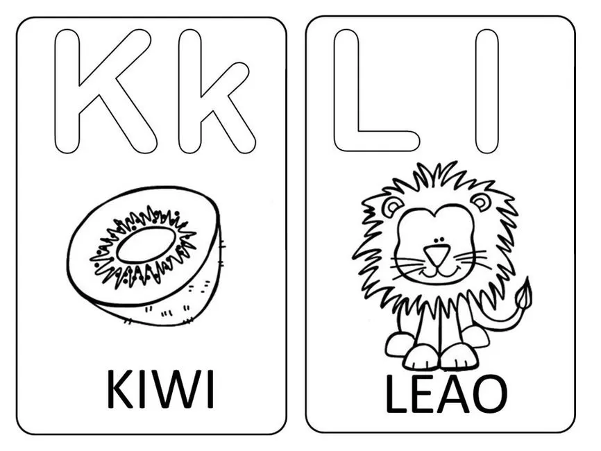 Aprendendo o alfabeto: Letras Kk e Ll com kiwi e leão. Material educativo para crianças.
