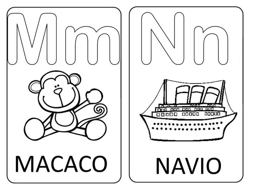 Cartões de alfabetização com letras Mm e Nn: Macaco e Navio para aprender o alfabeto.