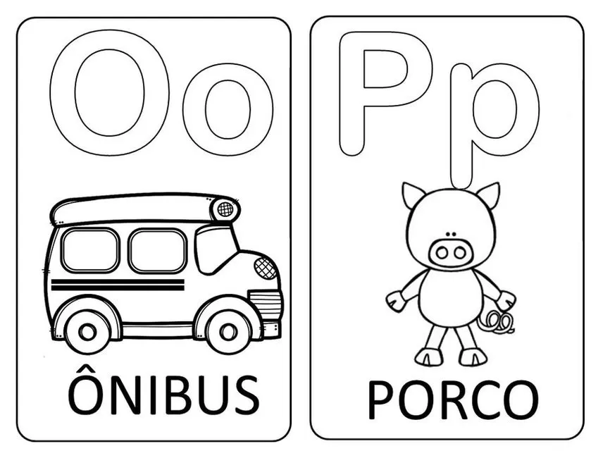 Alfabeto ilustrado: Letras Oo (Ônibus) e Pp (Porco). Aprenda as letras de forma divertida com imagens associadas.
