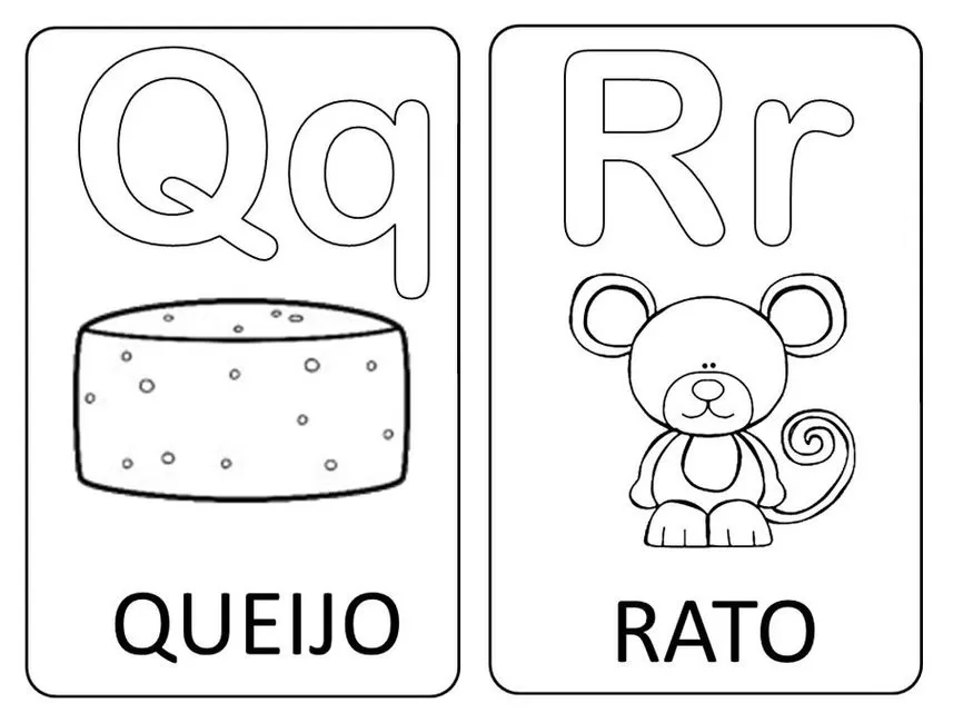 Qq e Rr: Aprenda o alfabeto com queijo e rato! Imagem colorida mostrando as letras Qq e Rr, acompanhadas de um queijo saboroso e um rato amigável. Ideal para a alfabetização de crianças.