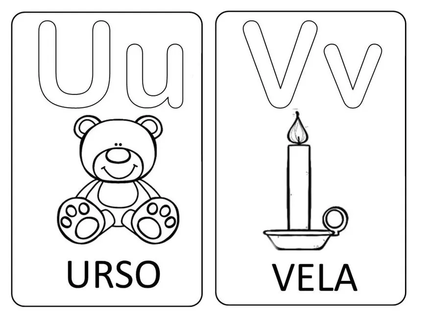 Aprendendo o alfabeto: Letras U e V com urso e vela. Atividade divertida para crianças.