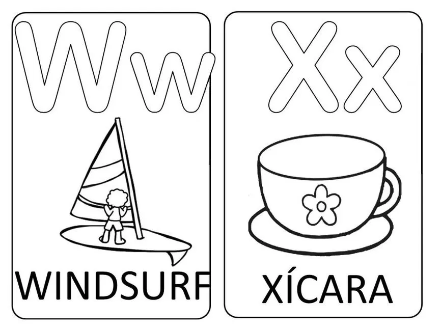Letras W e X: Windsurf e Xícara para aprender o alfabeto de maneira divertida.