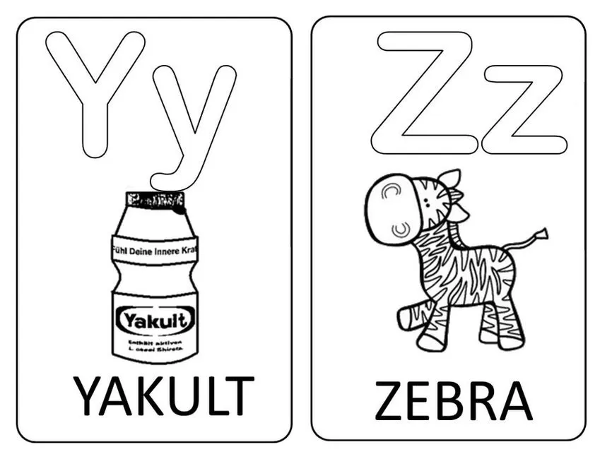 Letras Y e Z do alfabeto: Y para Yakult, Z para Zebra. Aprenda o alfabeto de forma visual e divertida.