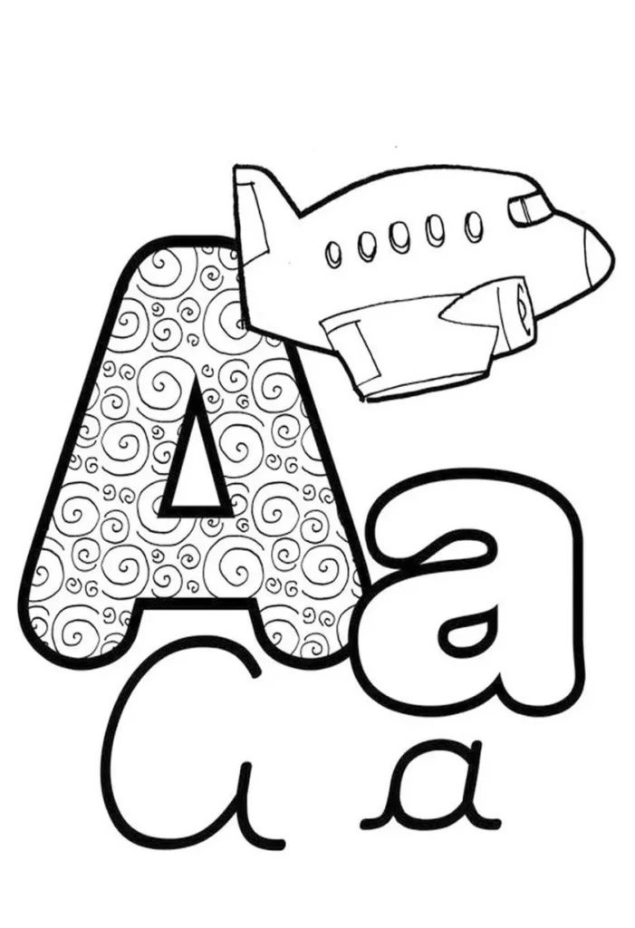 Letra A: Design criativo com espirais, balão e avião. Alfabeto ilustrado.
