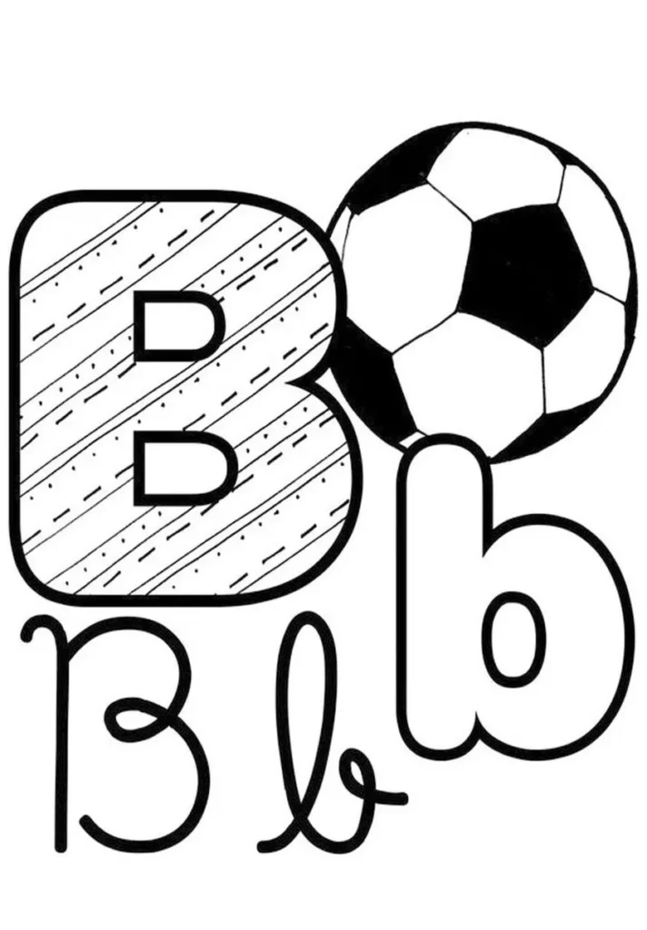 Letra B: Explore diferentes estilos da letra 'B' (maiúscula listrada, minúscula e cursiva) com uma bola de futebol.