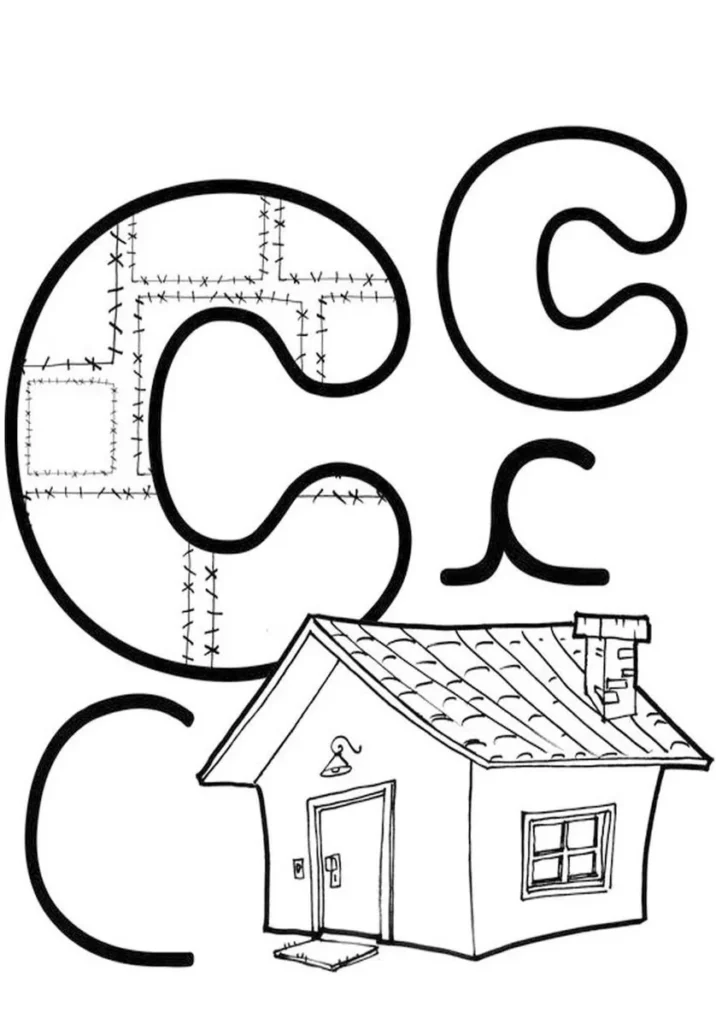 Letra 'C' criativa: design com diferentes fontes e estilos, acompanhada de desenho de casa com porta, janela e chaminé.
