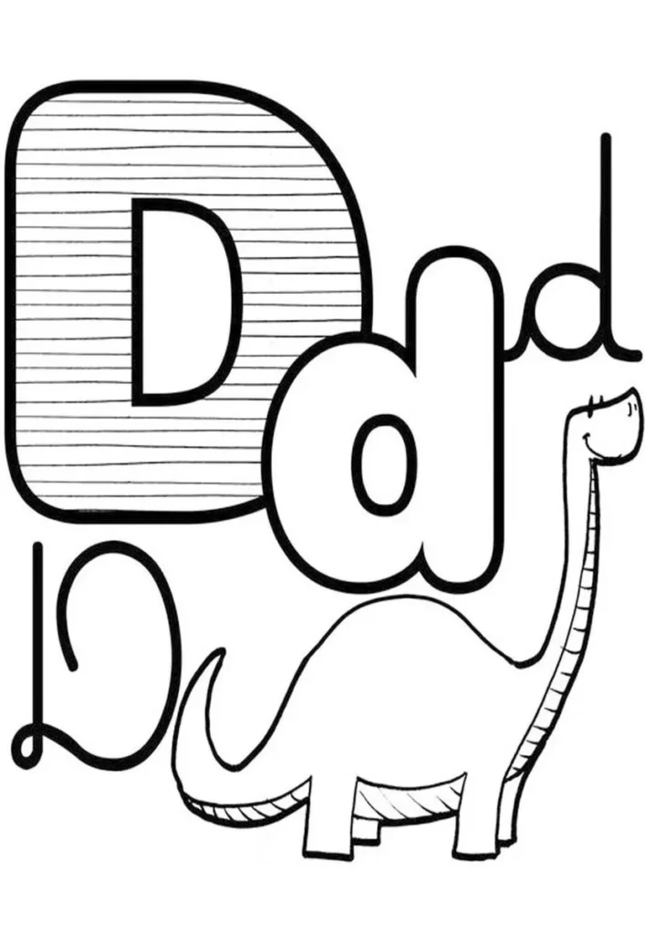 Letra D de dinossauro: aprenda o alfabeto com a inicial listrada, um 'd' minúsculo e um dinossauro sorridente formando a palavra 'Dad'.