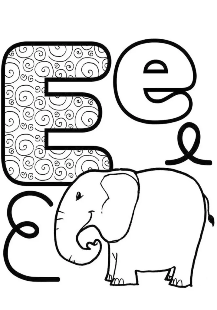 Letra E: Alfabeto ilustrado com elefante para aprender o alfabeto.