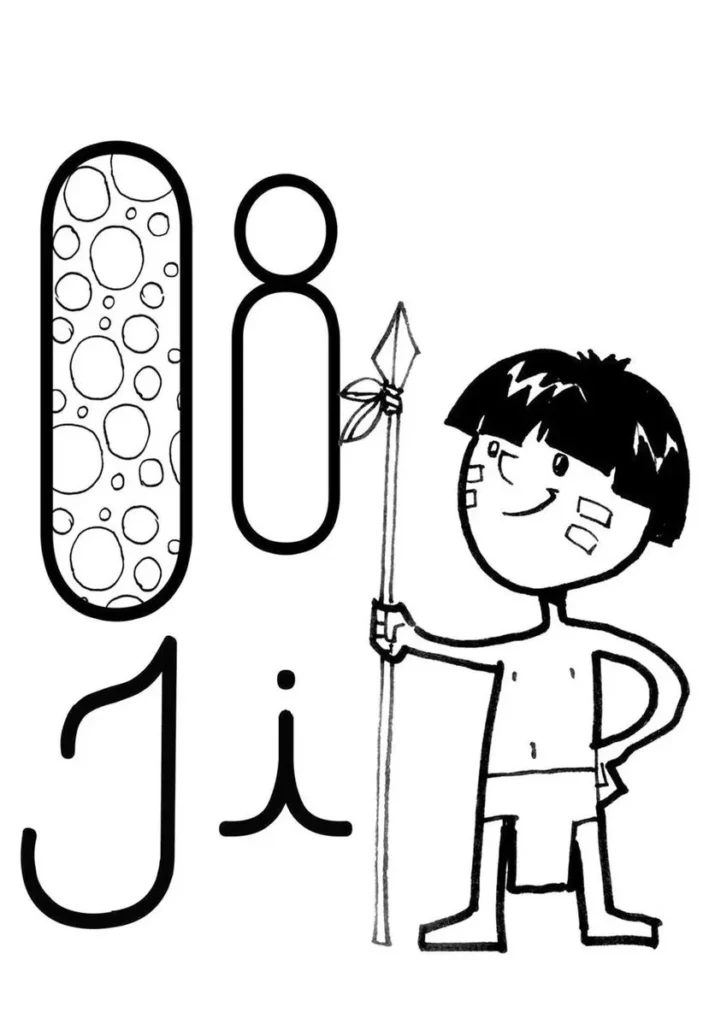 Letra I maiúscula e minúscula com desenho de indígena. Alfabeto ilustrado.