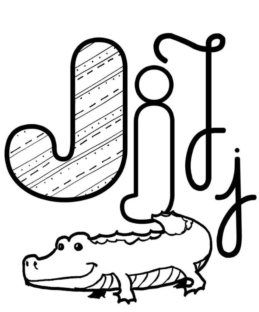 Letra J do alfabeto com jacaré. Variações maiúsculas e minúsculas.