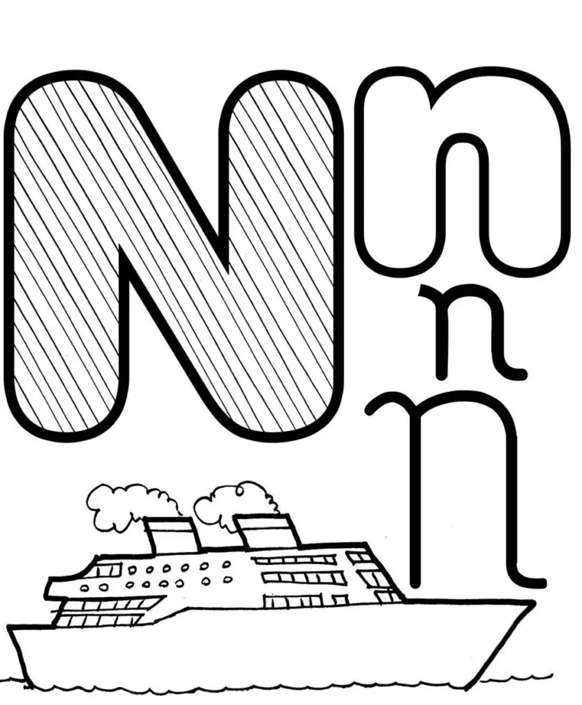 Letra N: Alfabeto, navio e design monocromático