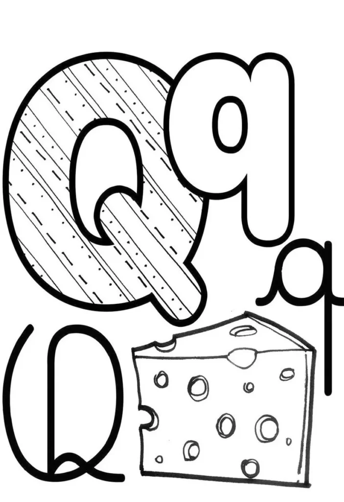 Letra Q com queijo: alfabeto divertido para aprender. Imagem com letras Q maiúsculas e minúsculas e um pedaço de queijo.