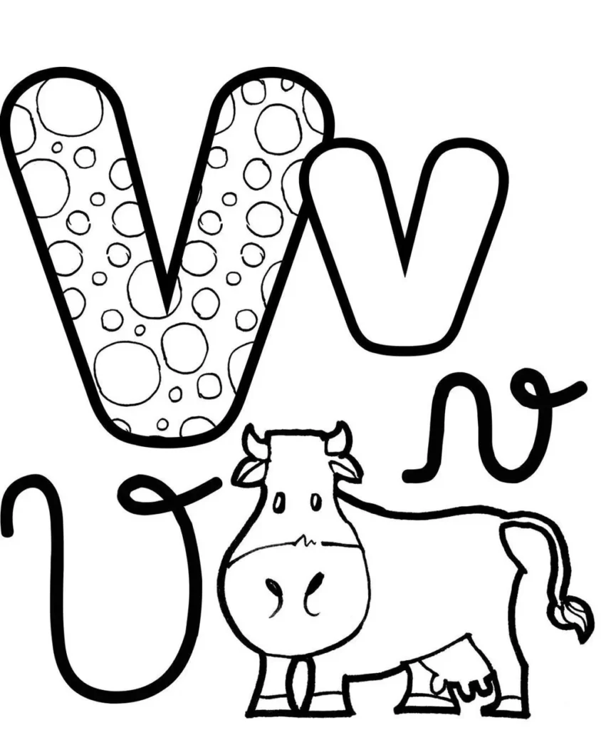 Letra V: Alfabeto maiúsculo, minúsculo e vaca.