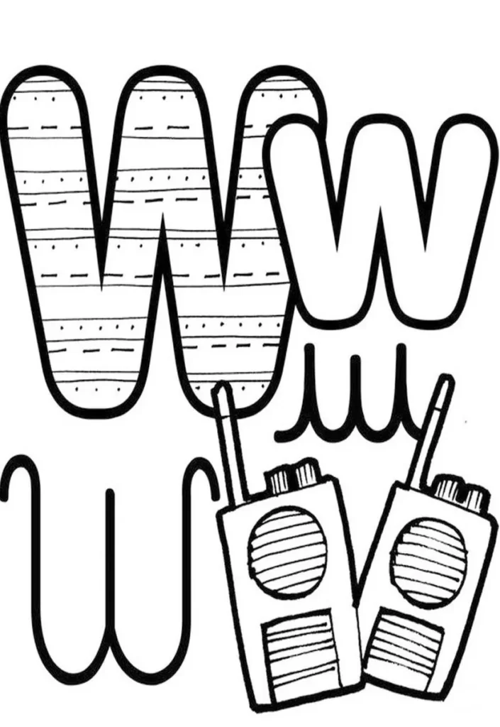 Letra W em diversos estilos com walkie-talkies na imagem. Alfabeto ilustrado com letras W maiúsculas e minúscula.