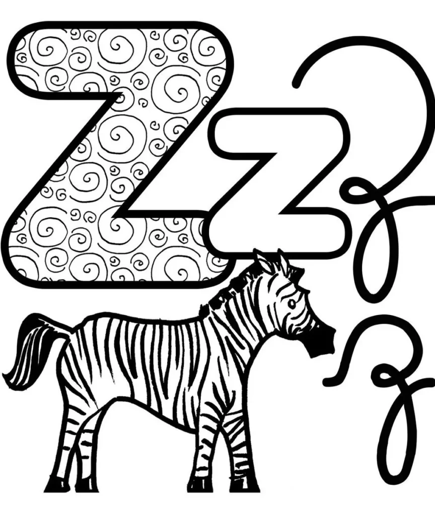 Letra Z em diferentes estilos com zebra. Imagem da letra Z maiúscula e minúscula em variações de design, acompanhada de uma zebra.