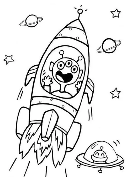 Alienígena pilota foguete espacial em aventura cósmica. Planetas e disco voador com outro extraterrestre no espaço.