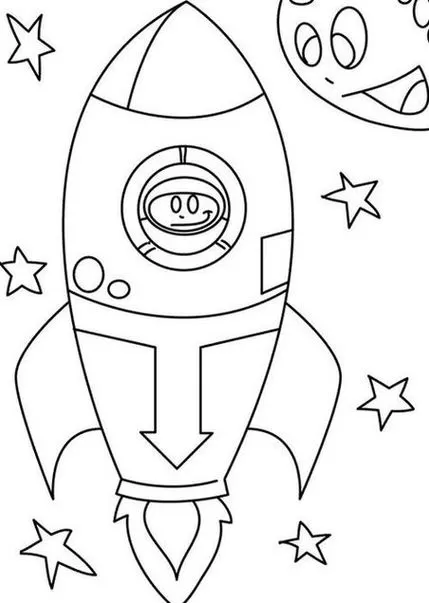 Menino a bordo de foguete espacial em aventura interplanetária com planeta sorridente e estrelas.