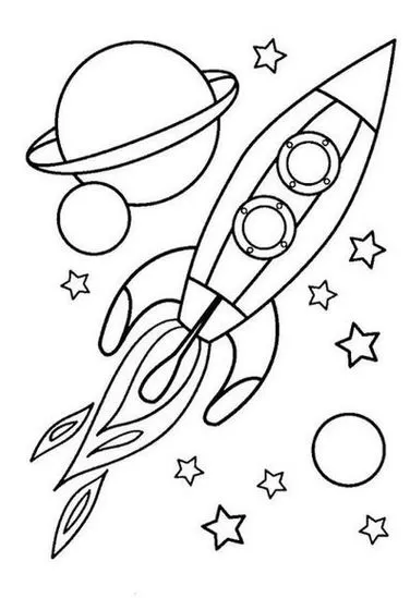Foguete espacial em voo com planetas e estrelas. Desenho espacial para colorir.