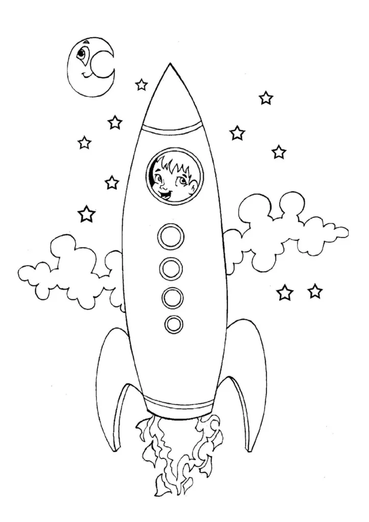 Foguete espacial com menino astronauta explorando o espaço sideral, cercado por estrelas e lua. Aventura espacial infantil.
