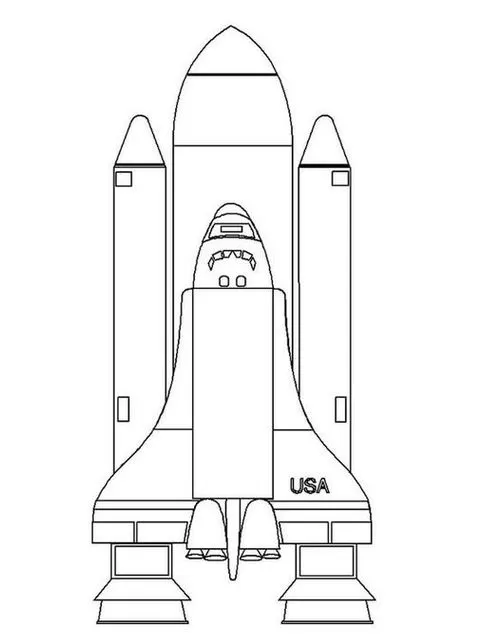 Desenho detalhado de um ônibus espacial americano ('USA') para atividades criativas e conhecimento sobre exploração espacial.