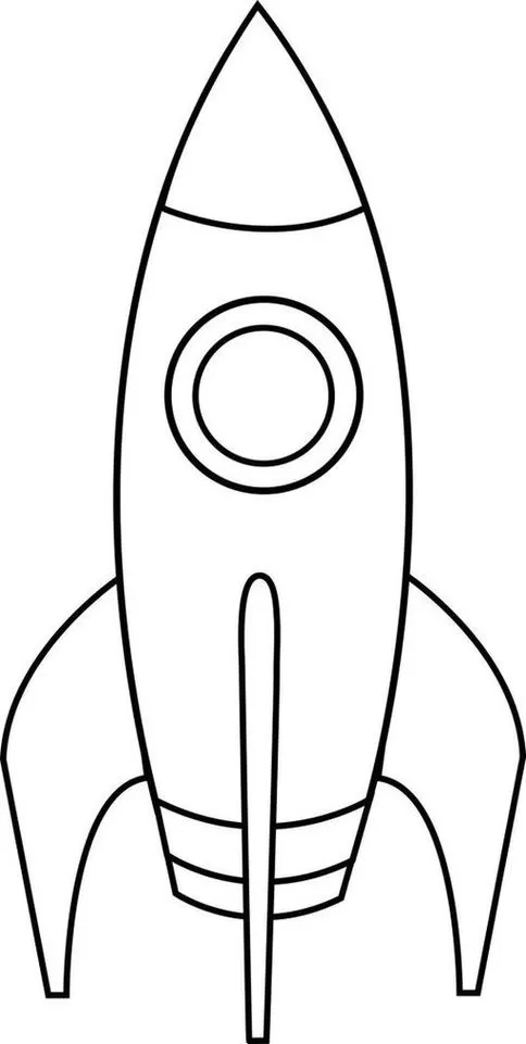Foguete espacial para colorir: desenho detalhado de veículo espacial comprido com janela e aletas laterais.