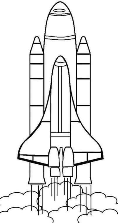 Ônibus espacial NASA em lançamento: desenho para colorir com foguetes auxiliares e nuvens de fumaça.