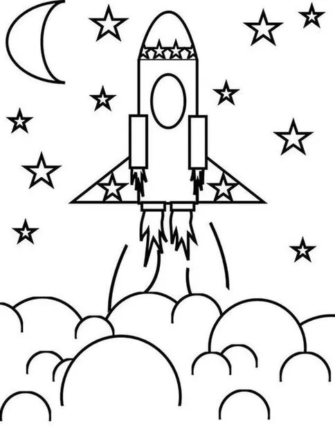 Foguete espacial em ascensão: desenho para colorir com lua e estrelas. Ideal para aprender sobre exploração espacial e veículos espaciais.