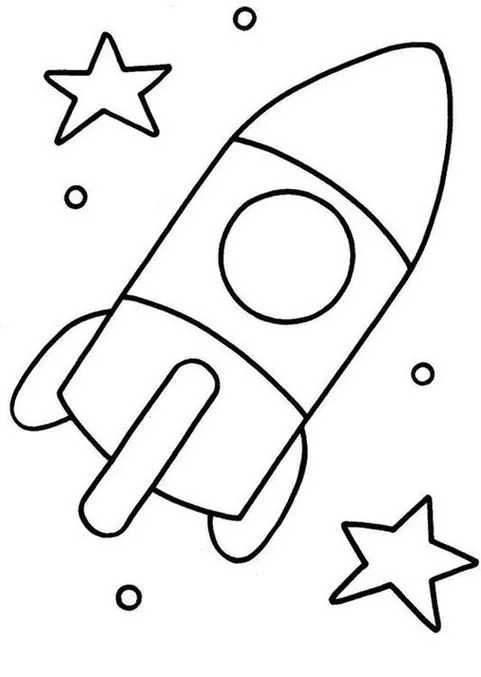 Foguete espacial para colorir no espaço sideral com estrelas. Desenho simples de foguete para atividades criativas.