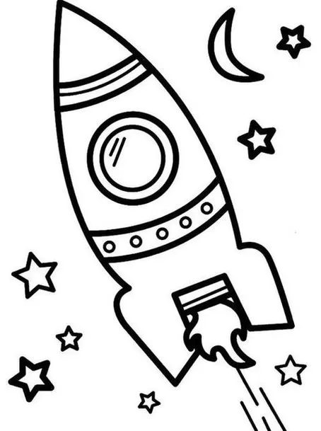 Foguete espacial subindo no céu noturno com lua e estrelas. Desenho para colorir.